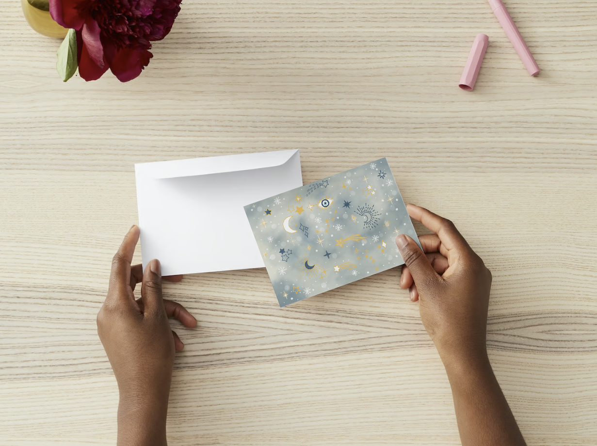 Ciel des Rêves Instant Download Card – Printed at home, Elegant Design in Hand A person holding a printed version of Ciel des Rêves instant download card and envelope, featuring celestial designs of a moon, shooting stars, evil eye symbols, and snowflakes in blue, gold, and cream.