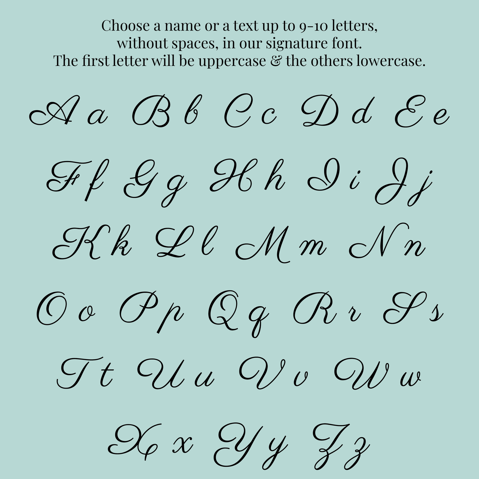 Personalisation Font – Alphabet for Edoaria’s Grand Toiletry Bags Alphabet showing the elegant signature font used for personalisation on Edoaria’s Ciel des Rêves Grand Toiletry Bags.