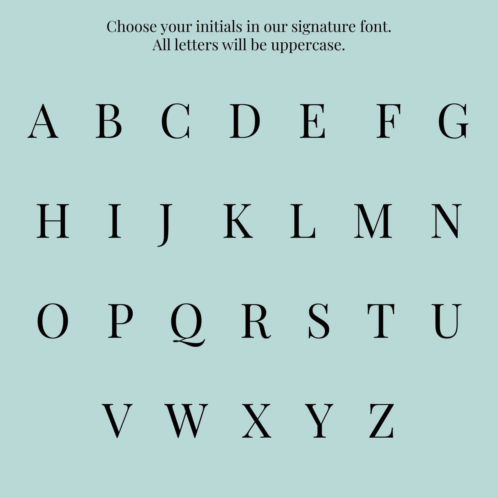 Alphabet showing the elegant font used for initials personalisation on Edoaria’s Ciel des Rêves Grand Toiletry Bags.