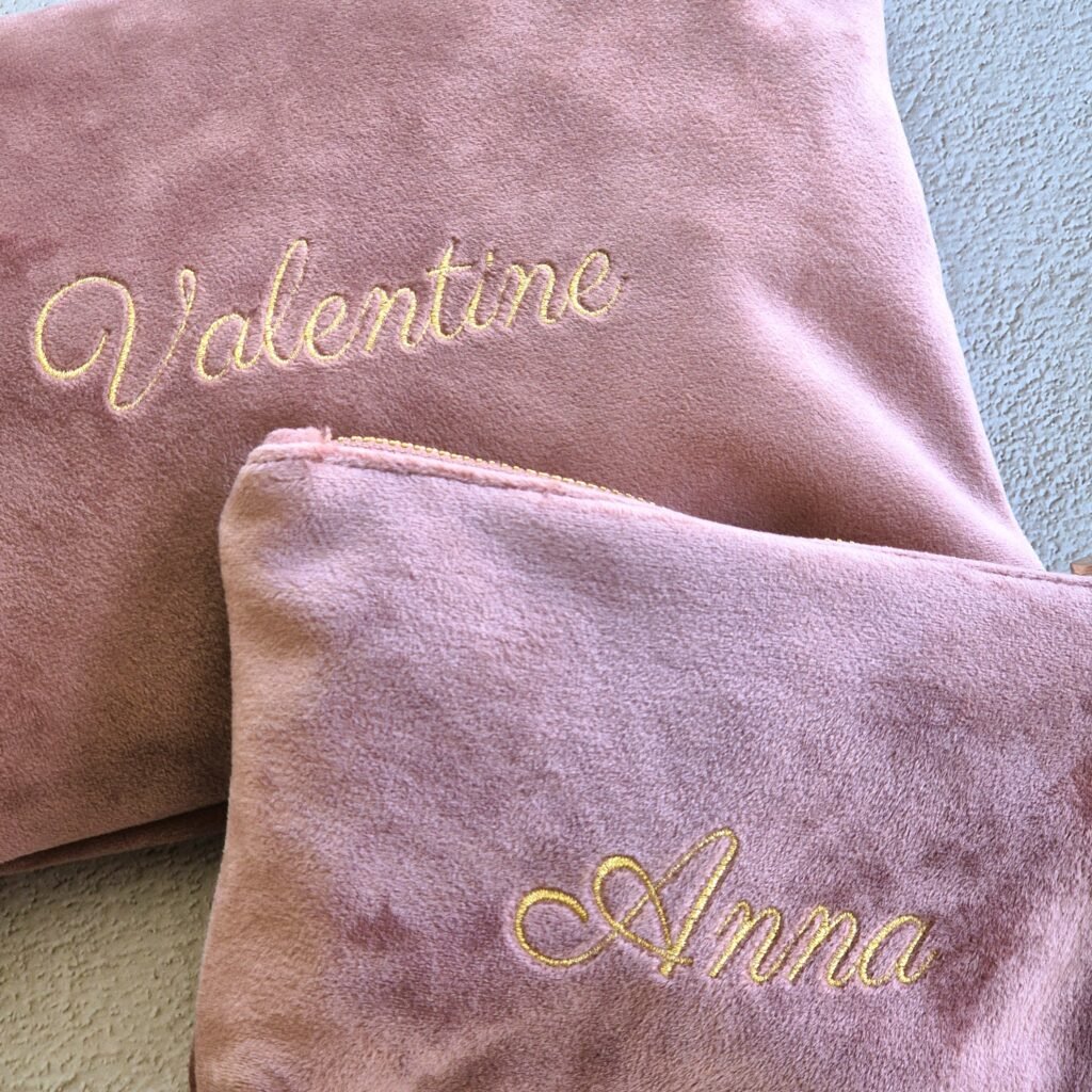 Edoaria bags from the Rouge Amour collection personnalised with name in gold embroidery
