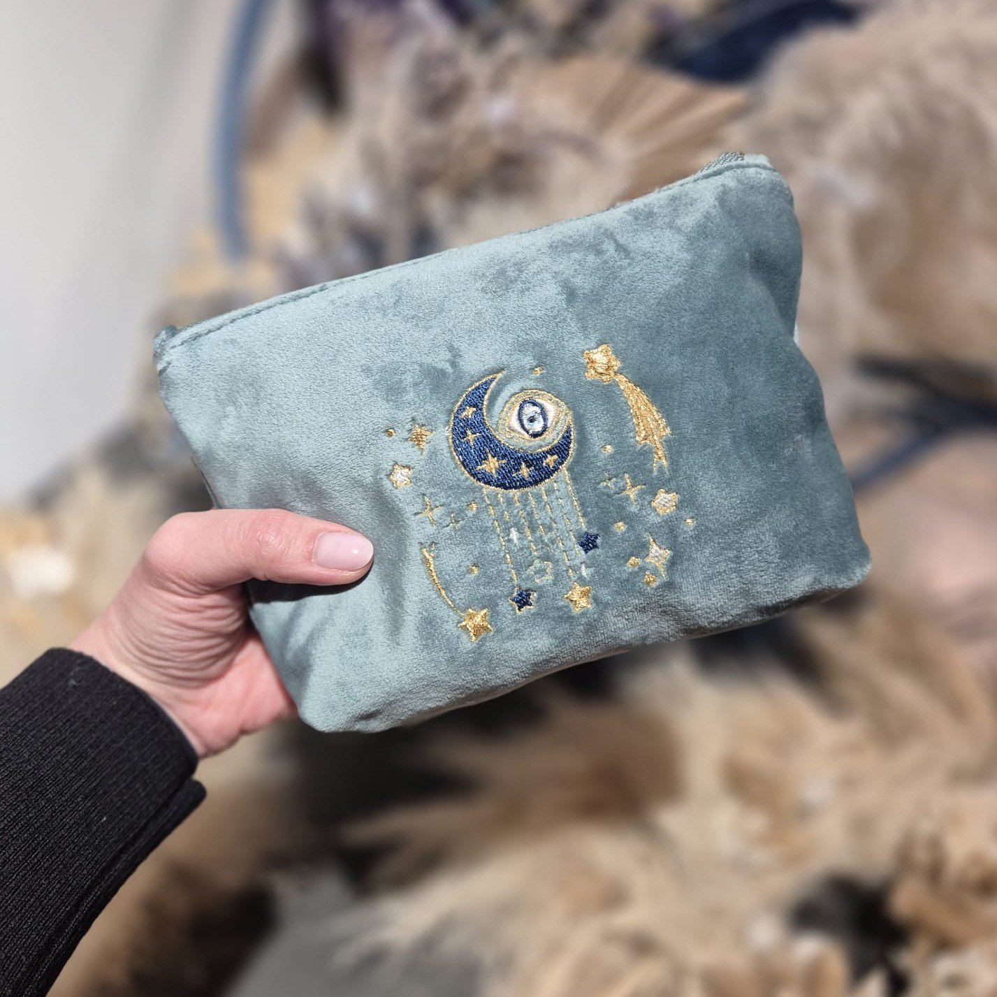 Aqua Marine Teal velvet pouch with gold and blue moon, stars, and evil eye embroidery, part of the Ciel des Rêves collection by Edoaria, Makeup bag travel essential