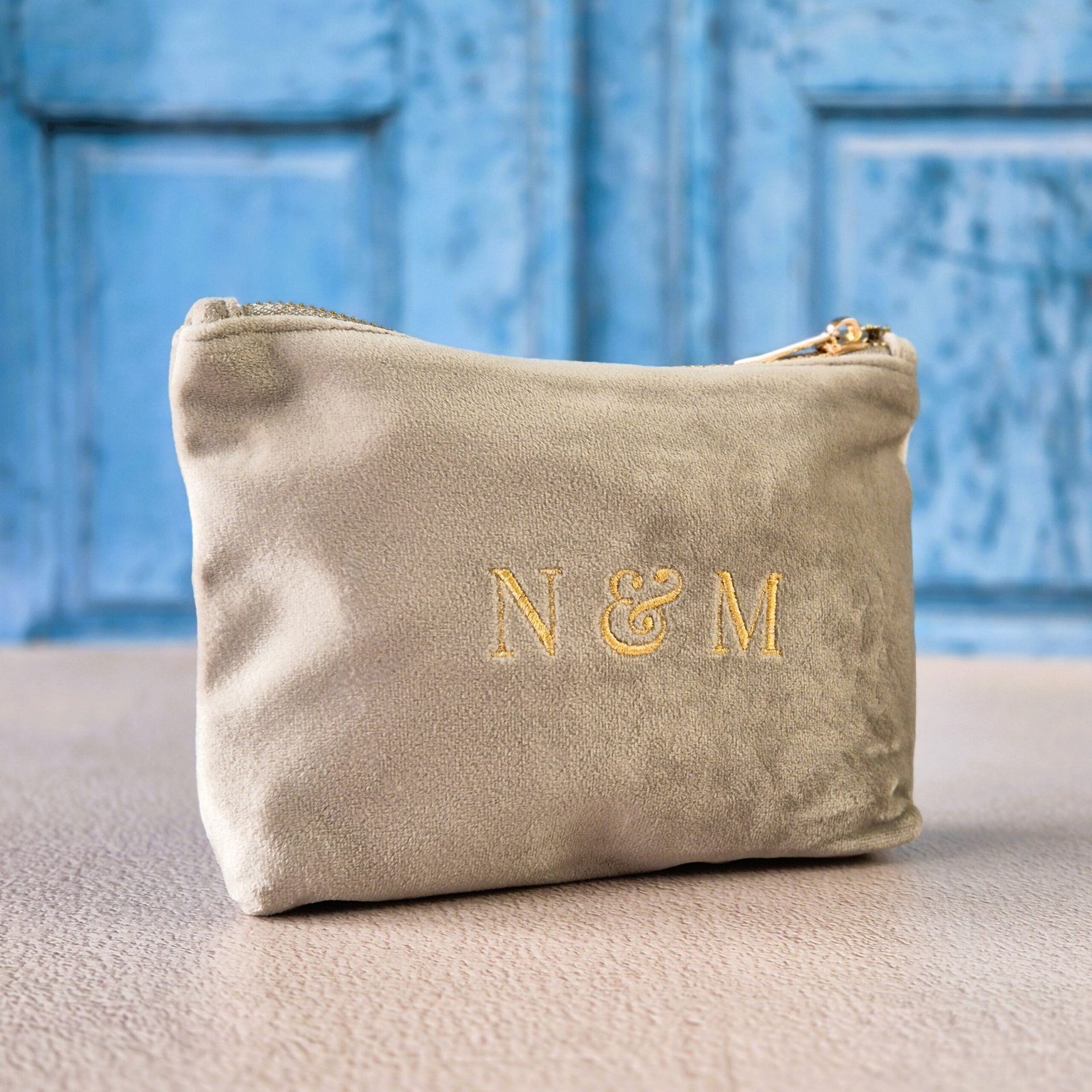 Petite makeup bags with Grand Duo monogram in moonstone, personalized pouch