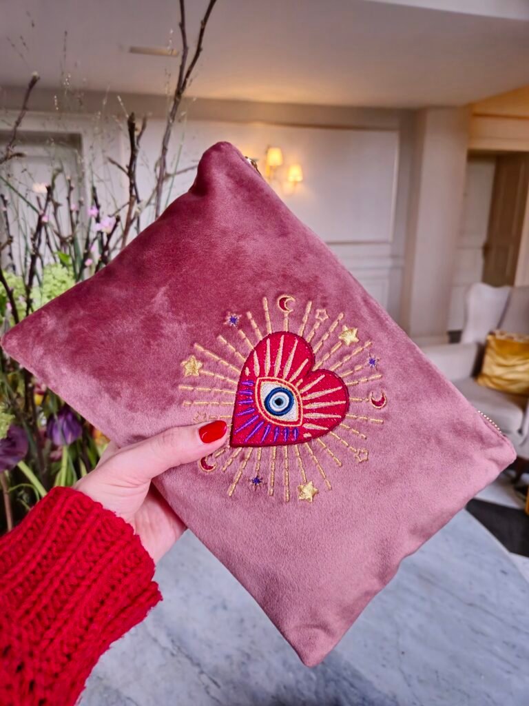 Edoaria Rouge Amour Signature Sleek Pouch showcasing detailed embroidery : perfect travel bag and pouches to stay organised in style.